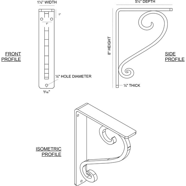 Edwards Wrought Iron Bracket, (Single Center Brace), Antiqued Pale Gold 1 1/2W X 5 1/2D X 8H